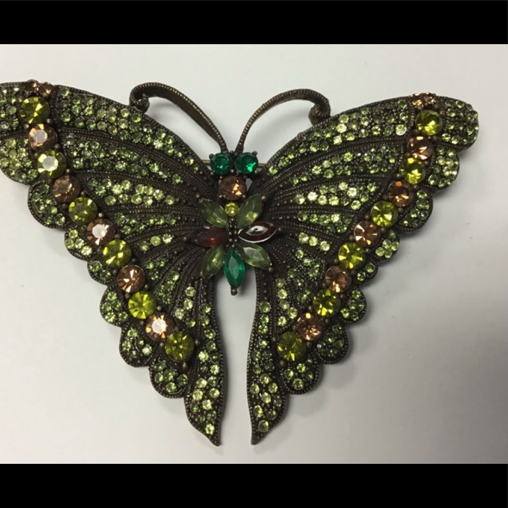 New vintage look butterfly pin green rhinestones Austrian crystals brooch